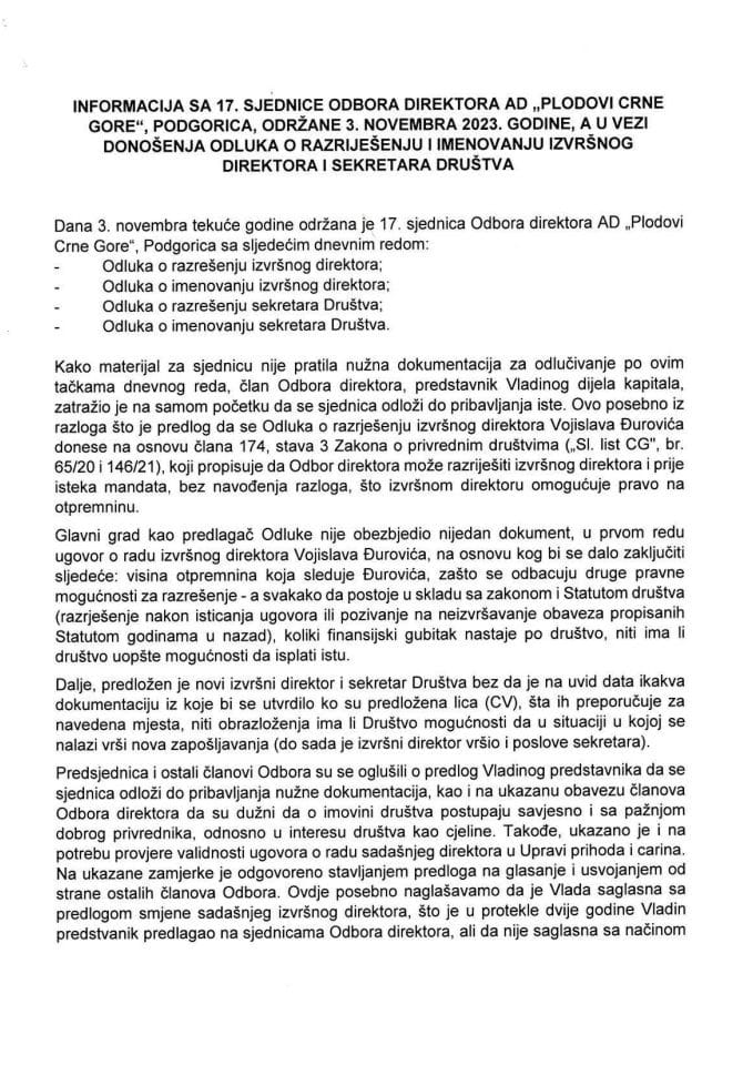 Informacija sa 17. sjednice Odbora direktora AD „Plodovi Crne Gore“, Podgorica održane 3. novembra 2023. godine, a u vezi donošenja odluka o razrješenju i imenovanju izvršnog direktora i sekretara društva