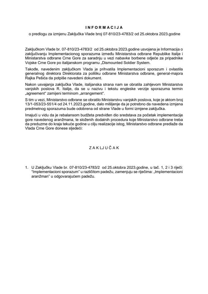 Informacija o predlogu za izmjenu Zaključka Vlade Crne Gore, broj: 07-810/23-4783/2, od 25. oktobra 2023. godine (bez rasprave)