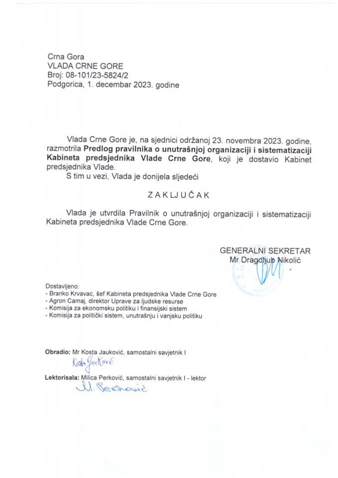 Предлог правилика о унутрашњој организацији и систематизацији Кабинета предсједника Владе Црне Горе - закључци