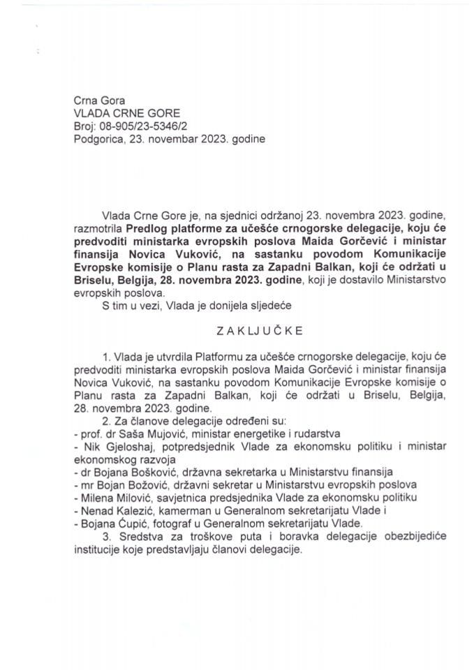 Predlog platforme za učešće crnogorske delegacije, koju će predvoditi ministarka evropskih poslova Maida Gorčević i ministar finansija Novica Vuković - zaključci