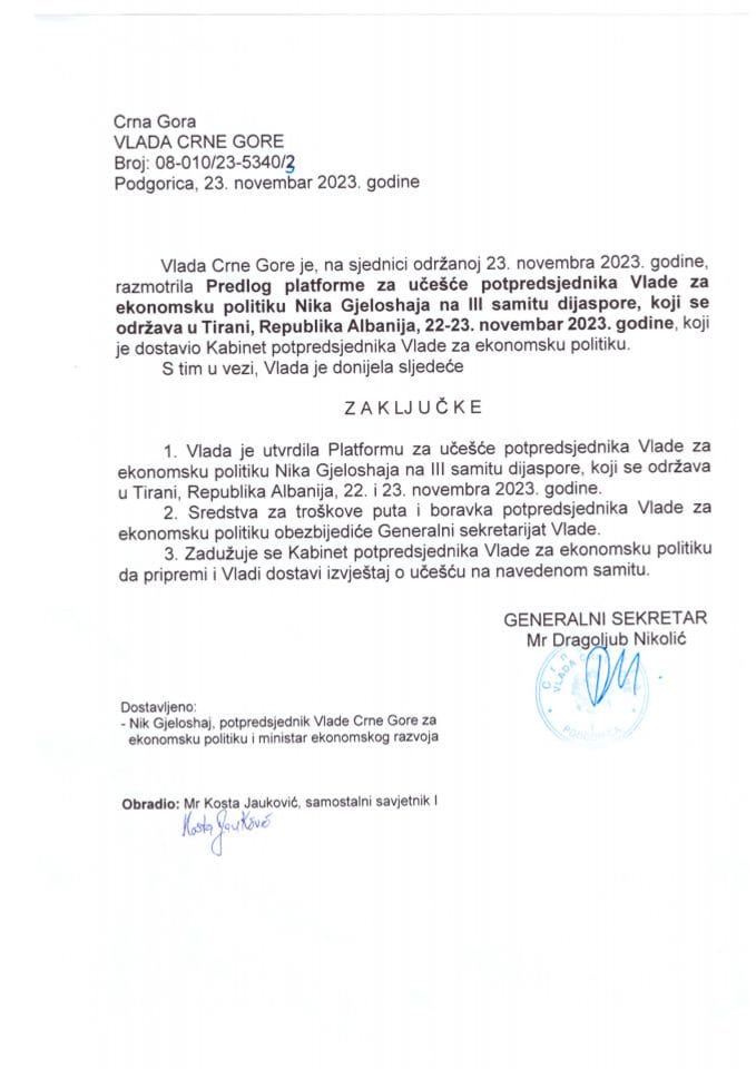 Предлог платформе за учешће потпредсједника Владе за економску политику Nika Gjeloshaja на III самиту дијаспоре, који се одржава у Тирани, Република Албанија, 22-23. новембар 2023. године - закључци