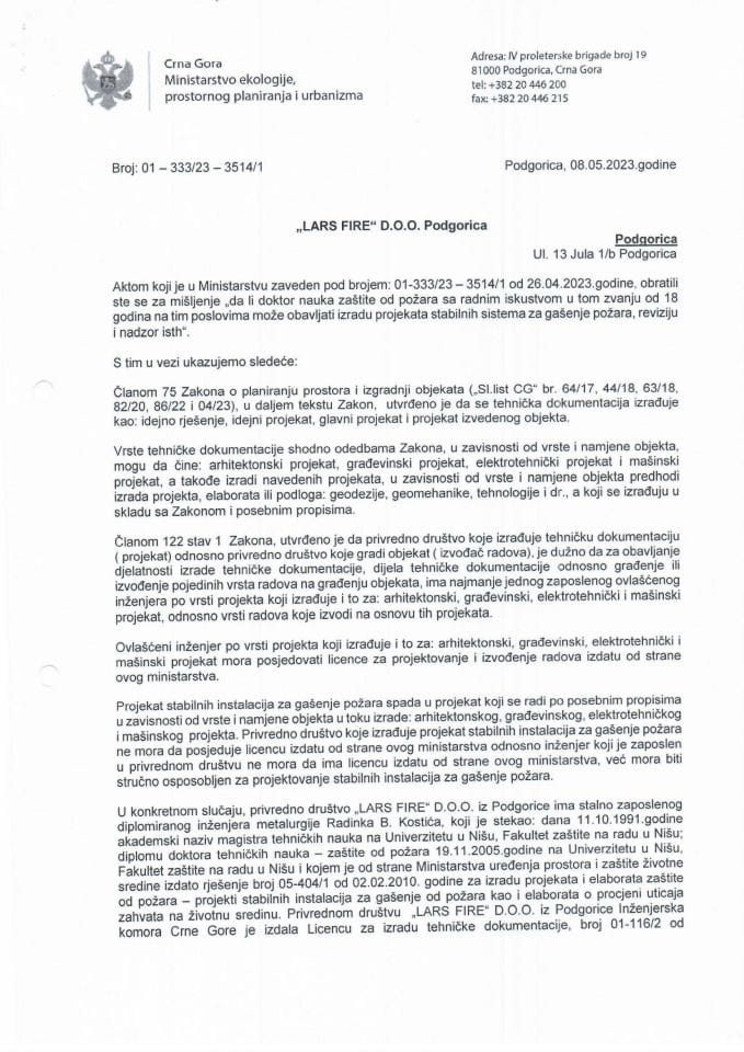 Mišljenja - Tumačenja - 01_333_23_3514_1 Lars Fire D.O.O Podgorica