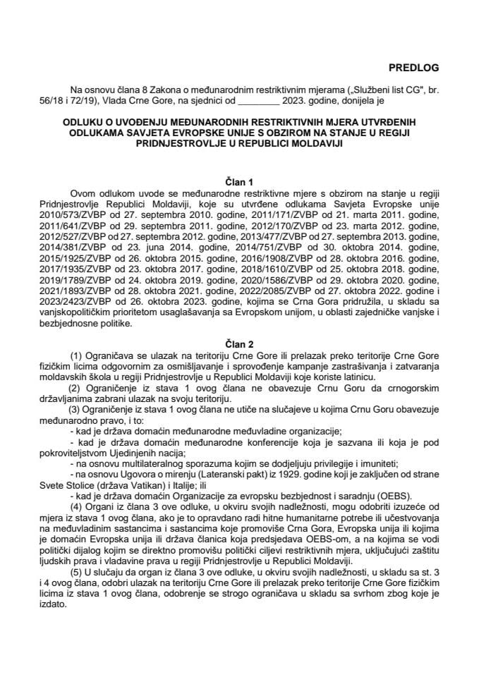 Predlog odluke o uvođenju međunarodnih restriktivnih mjera utvrđenih odlukama Savjeta Evropske unije s obzirom na stanje u regiji Pridnjestrovlje u Republici Moldaviji