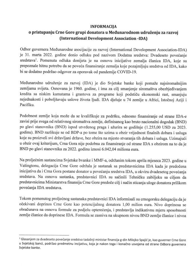 Informacija o pristupanju Crne Gore grupi donatora u Međunarodnom udruženju za razvoj (International Development Association - IDA) sa Instrumentom obavezivanja