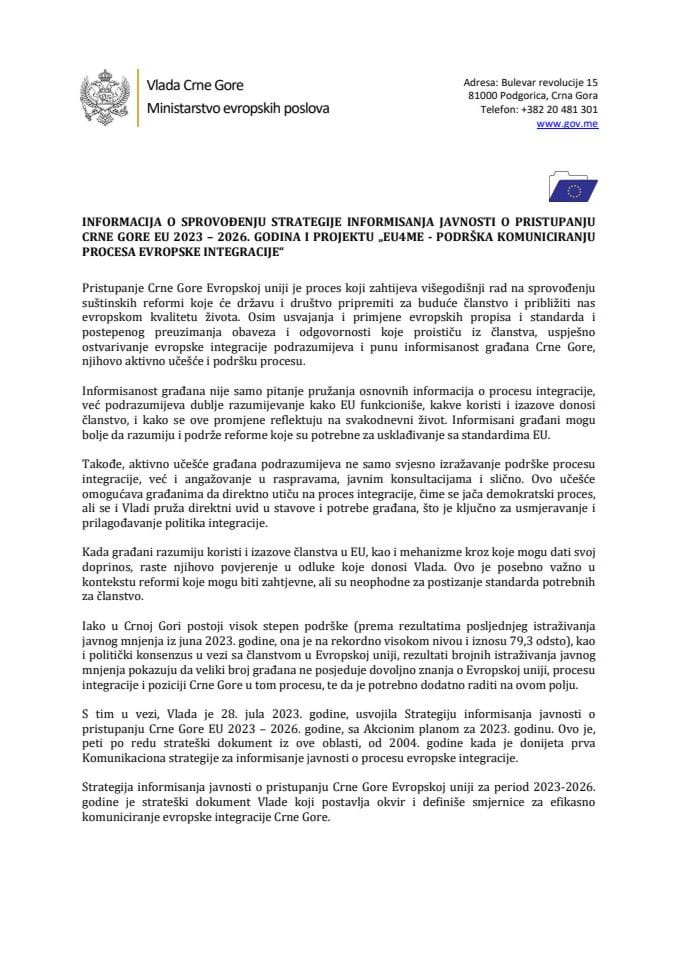 Informacija o sprovođenju Strategije informisanja javnosti o pristupanju Crne Gore EU 2023 - 2026. godina i projektu „EU4ME - Podrška komuniciranju procesa Evropske integracije“