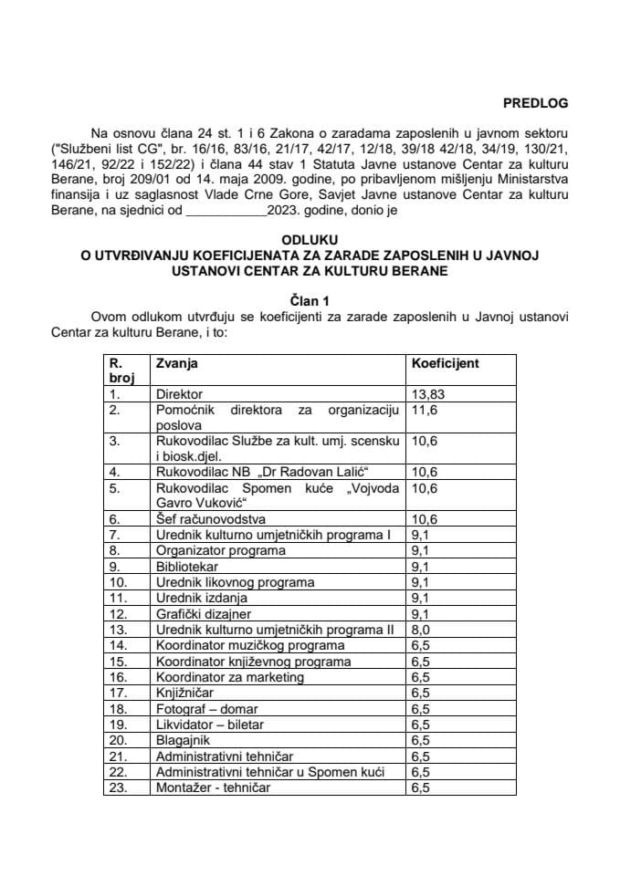 Predlog odluke o utvrđivanju koeficijenata za zarade zaposlenih u Javnoj ustanovi Centar za kulturu Berane