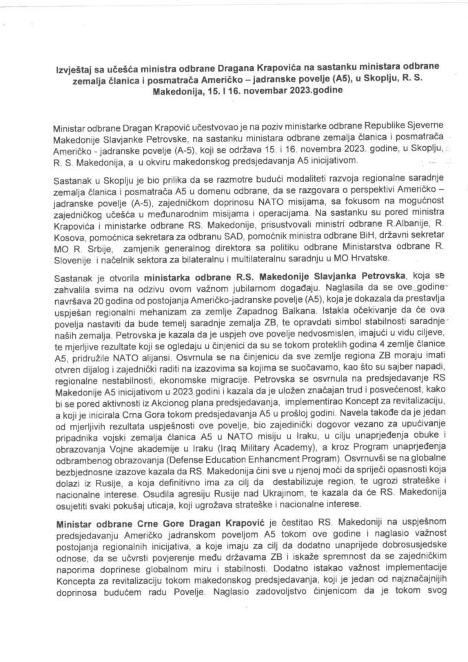 Izvještaj sa učešća ministra odbrane Dragana Krapovića na sastanku ministara odbrane zemalja članica i posmatrača Američko - jadranske povelje (A5), u Skoplju, Republika Sjeverna Makedonija, 15. i 16. novembar 2023. godine