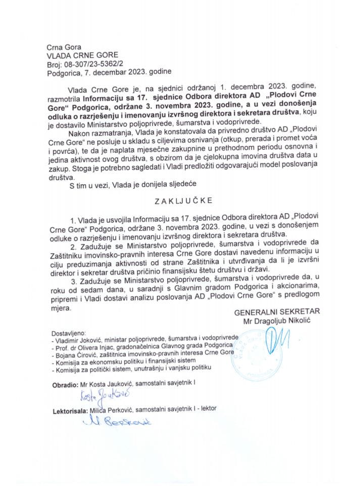 Informacija sa 17. sjednice Odbora direktora AD „Plodovi Crne Gore“, Podgorica održane 3. novembra 2023. godine, a u vezi donošenja odluka o razrješenju i imenovanju izvršnog direktora i sekretara društva - zaključci