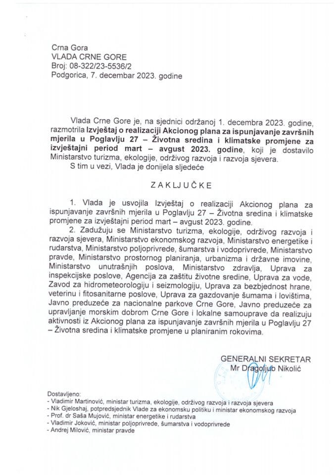 Izvještaj o realizaciji Akcionog plana za ispunjavanje završnih mjerila u Poglavlju 27 - Životna sredina i klimatske promjene za izvještajni period mart - avgust 2023. godine (bez rasprave) - zaključci