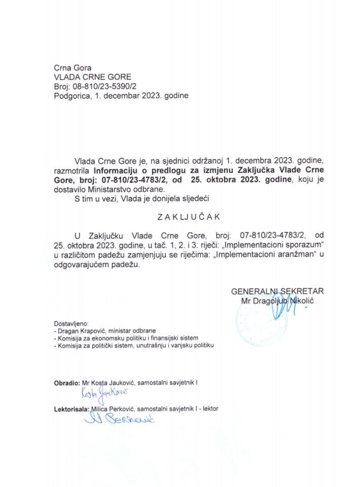 Информација о предлогу за измјену Закључка Владе Црне Горе, број: 07-810/23-4783/2, од 25. октобра 2023. године (без расправе) - закључци