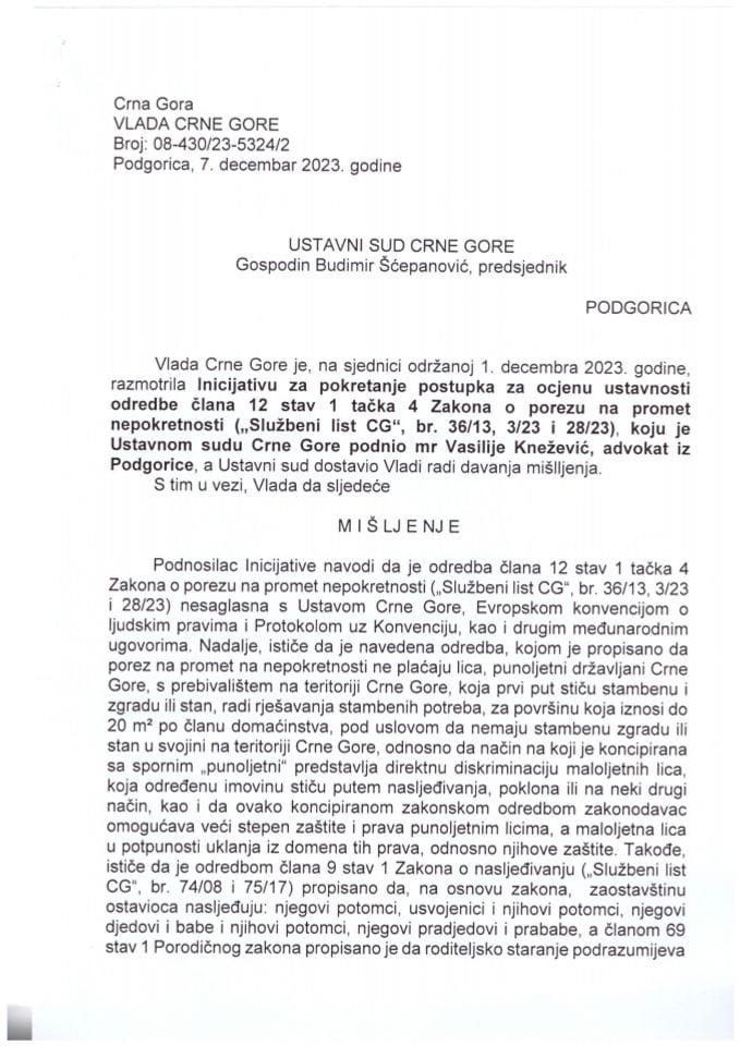 Predlog mišljenja na Inicijativu za pokretanje postupka za ocjenu ustavnosti odredbe člana 12 stav 1 tačka 4 Zakona o porezu na promet nepokretnosti („Službeni list CG“, br. 36/13, 3/23 i 28/23), koju je podnio mr Vasilije Knežević (bez rasprave) - zaključci