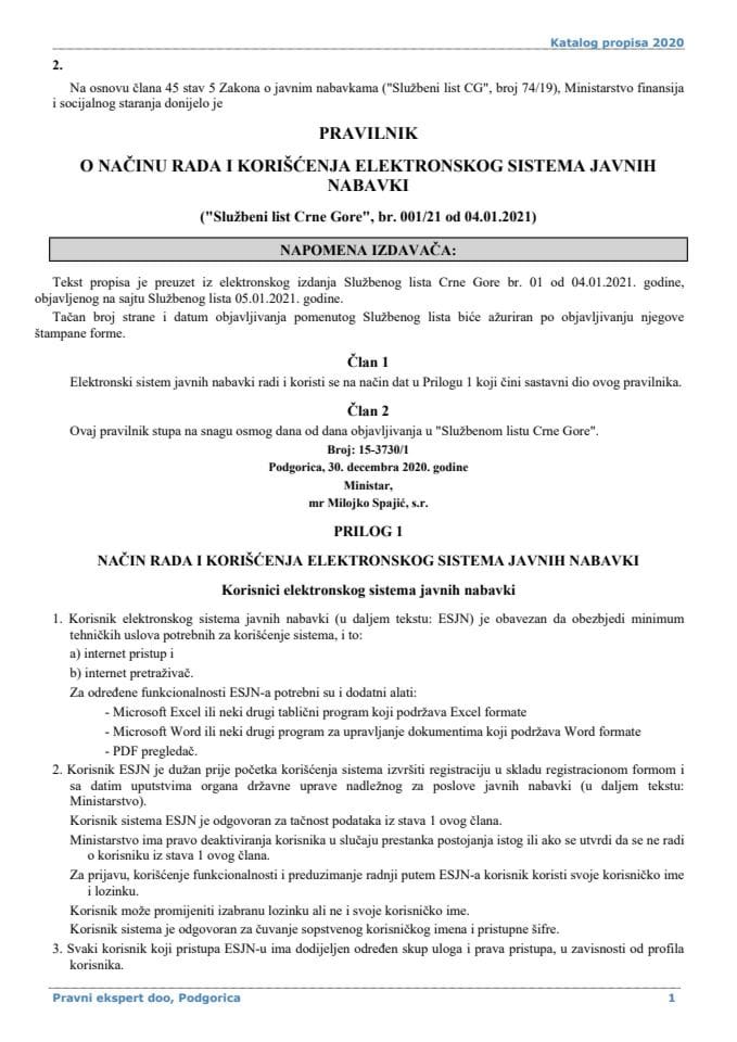 Pravilnik o nacinu rada i koriscenja elektronskog sistema javnih nabavki