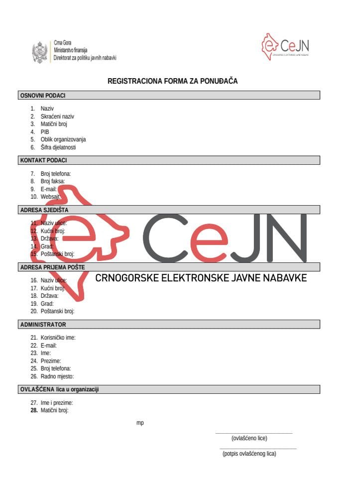 Registraciona forma Privredni subjekti