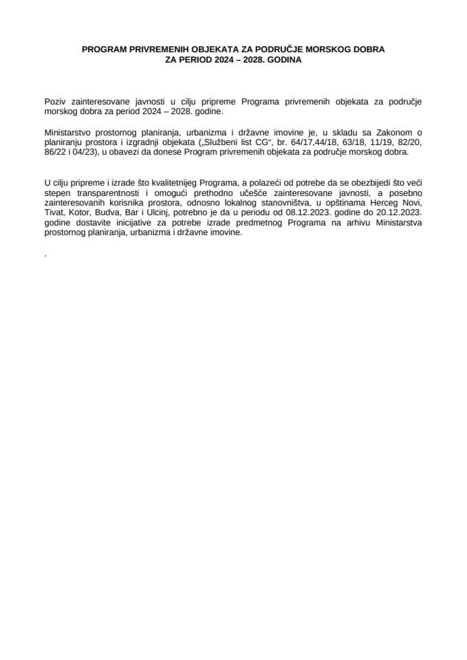 Програм привремених објеката за подручје морског добра  за период 2024 – 2028. година - Теxт Програм привремених објеката у зони МД