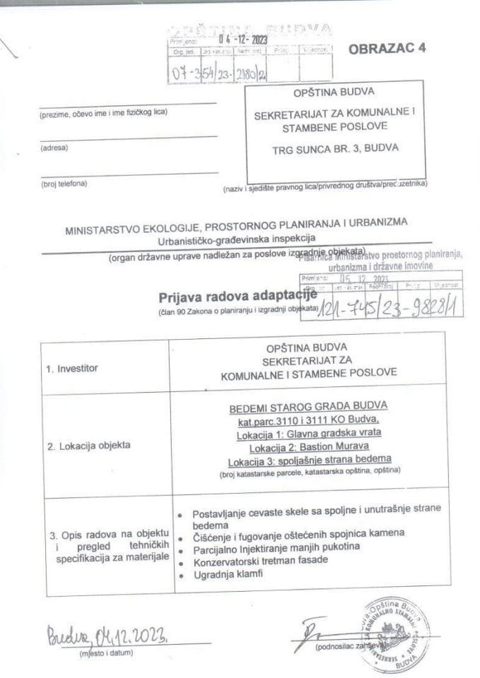 Prijava radova adaptacije - 07-354-23-2180-2 OPŠTINA BUDVA SEKRETARIJAT ZA KOMUNALNE I STAMBENE POSLOVE