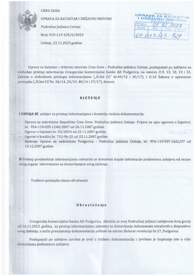 Рјешења поводом Слободног приступа информацијама 