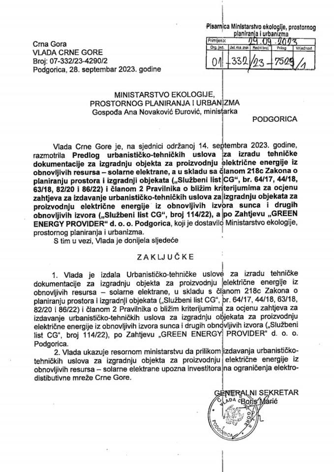 Izdati urbanističko-tehnički uslovi - 01_332_23_7529_1 GREEN ENERGY PROVIDER d.o.o.