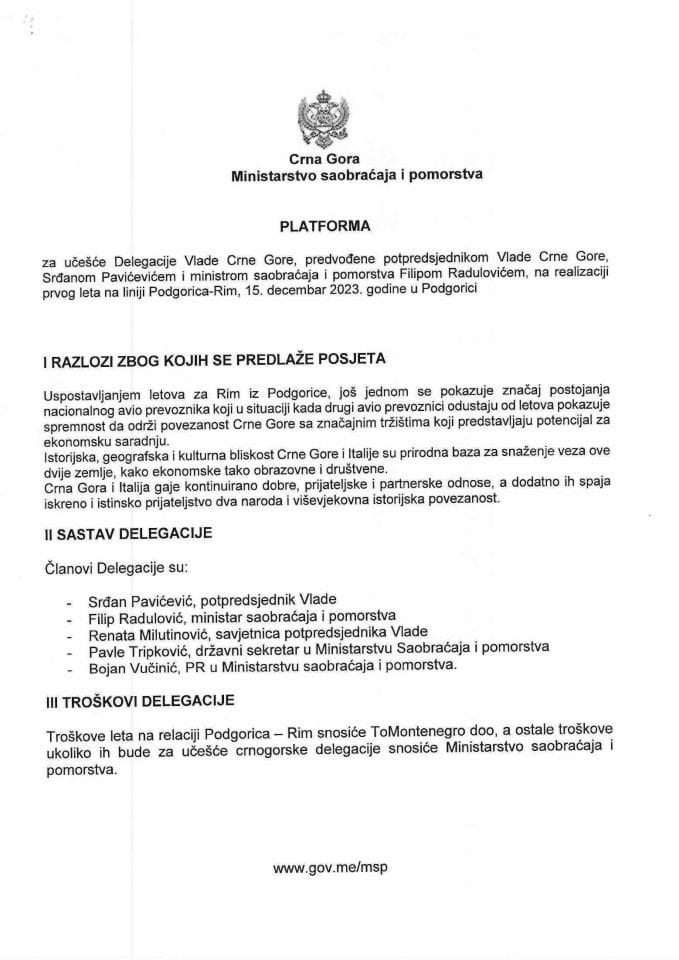 Predlog platforme o učešću ministra saobraćaja i pomorstva Filipa Radulovića na realizaciji prvog leta na liniji Podgorica-Rim, koji će se održati 15. decembra 2023. godine u Rimu