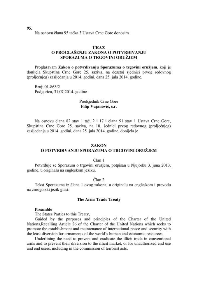 1. Zakon o potvrdjivanju Sporazuma o trgovini oruzjem