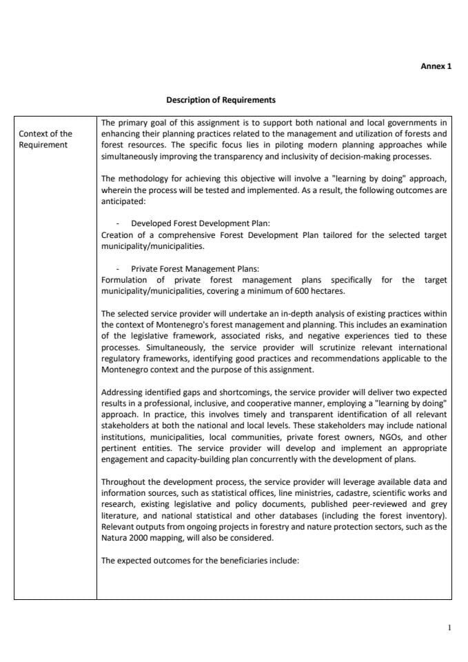 Аннеx 1 - Позив за достављање необавезујуће понуде - План развоја шумарства за једну општину у оквиру пројекта "Интегрисање биодиверзитета у секторске политике и праксе и јачање заштите кључних тачака.