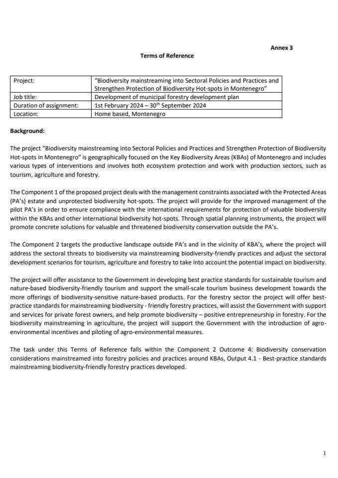 Аннеx 3 - Позив за достављање необавезујуће понуде - План развоја шумарства за једну општину у оквиру пројекта "Интегрисање биодиверзитета у секторске политике и праксе и јачање заштите кључних тачака.