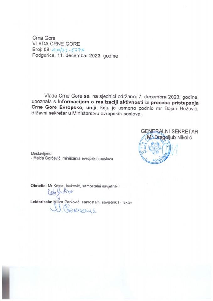 Usmena informacija o realizaciji aktivnosti iz procesa pristupanja Crne Gore Evropskoj uniji - zaključci