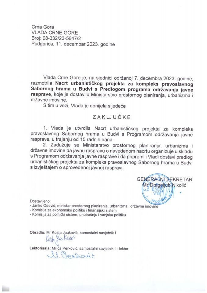 Nacrt urbanističkog projekta za kompleks pravoslavnog Sabornog hrama u Budvi sa Predlogom programa održavanja javne rasprave - zaključci