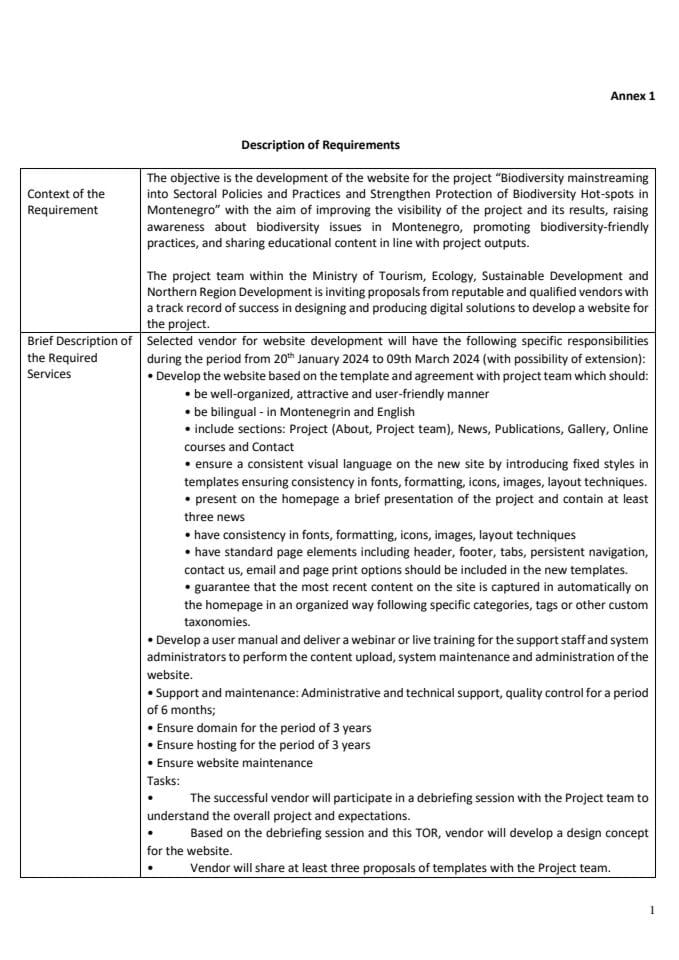 Annex 1 - Poziv za dostavljanje neobavezujuće ponude - Izrada web stranice GEF 7 RfP 002-2023 u okviru projekta "Integrisanje biodiverziteta u sektorske politike i prakse i jačanje zaštite ključnih tačaka biodiverziteta u Crnoj Gori".