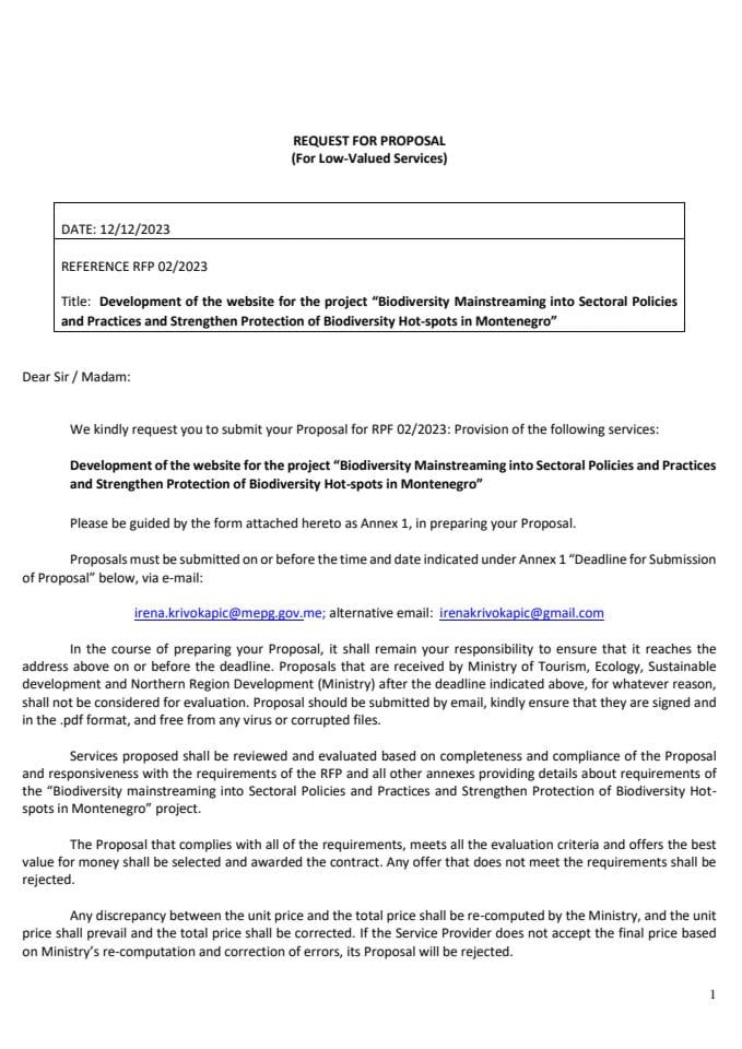 Poziv za dostavljanje neobavezujuće ponude_Izrada web stranice GEF 7 RfP 002-2023 u okviru projekta "Integrisanje biodiverziteta u sektorske politike i prakse i jačanje zaštite ključnih tačaka biodiverziteta u Crnoj Gori"RfP GEF Website 12.12.2023.