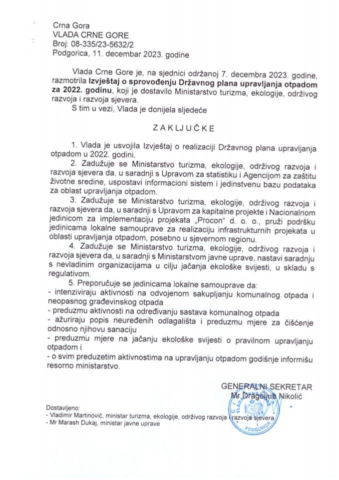 Izvještaj o sprovođenju Državnog plana upravljanja otpadom u Crnoj Gori, za 2022. godinu - zaključci