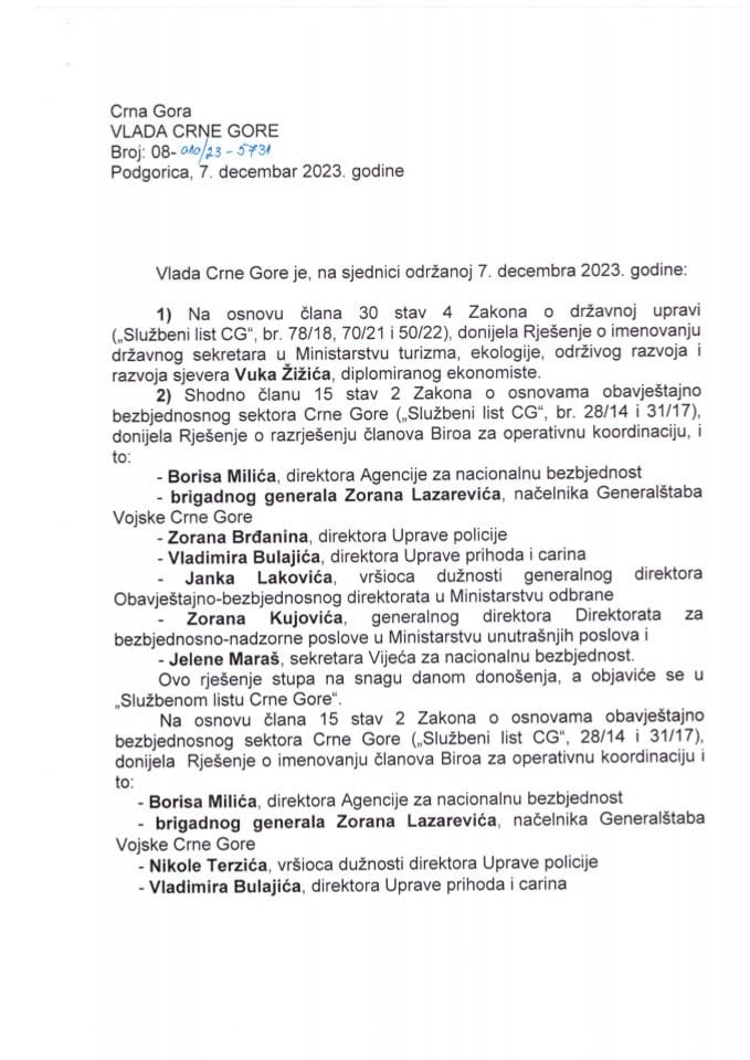 Kadrovska pitanja - 6. sjednica Vlada Crne Gore - zaključci