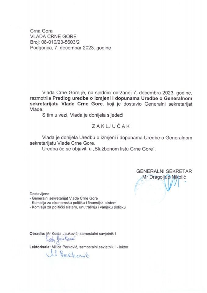 Predlog uredbe o izmjeni i dopunama Uredbe o Generalnom sekretarijatu Vlade Crne Gore - zaključci