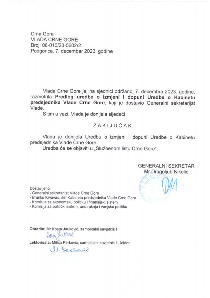 Predlog uredbe o izmjenama i dopuni Uredbe o Kabinetu predsjednika Vlade Crne Gore - zaključci