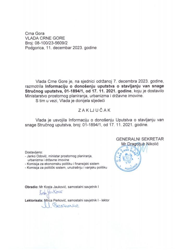 Informacija o donošenju Uputstva o stavljanju van snage Stručnog uputstva 01-1894/1 od 17.11.2021. godine - zaključci