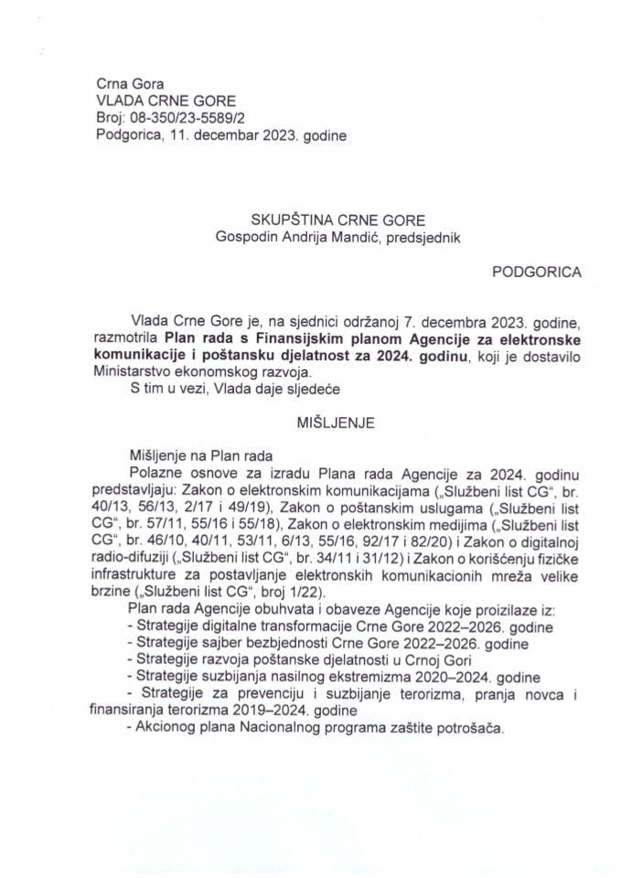 Predlog mišljenja na Plan rada sa Finansijskim planom Agencije za elektronske komunikacije i poštansku djelatnost za 2024. godinu - zaključci