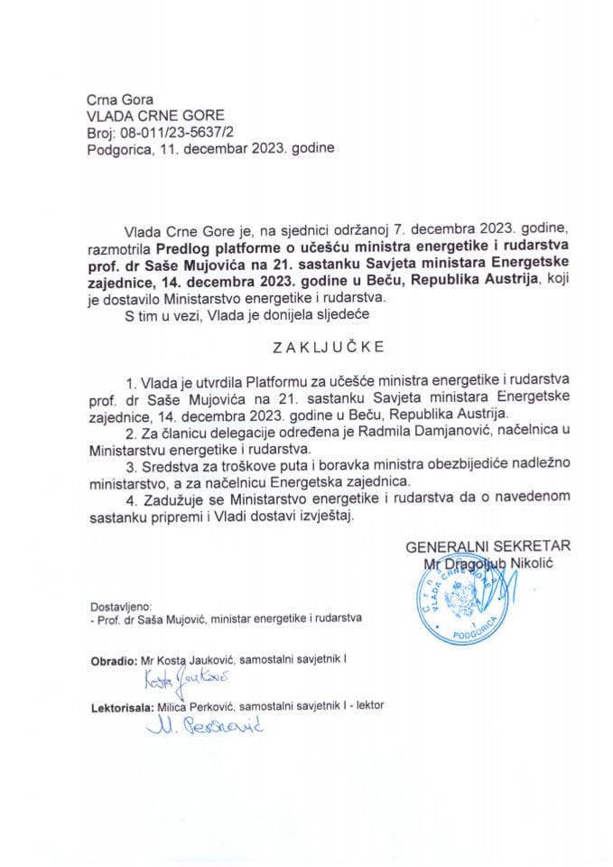 Predlog platforme o učešću ministra energetike i rudarstva prof. dr Saše Mujovića na 21. sastanku Savjeta ministara Energetske zajednice, 14. decembra 2023. godine, u Beču, Republika Austrija - zaključci