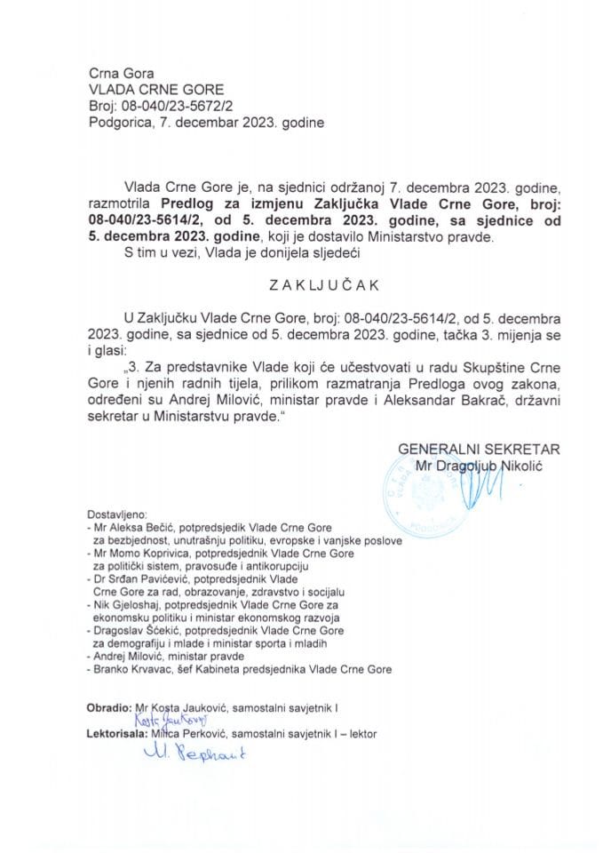 Predlog za izmjenu Zaključka Vlade Crne Gore, broj: 08-040/23-5614/2, od 5. decembra 2023. godine - zaklkjučci