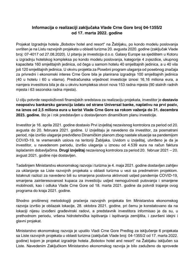 Информација о реализацији закључака Владе Црне Горе, број: 04-1355/2, од 17. марта 2022. године