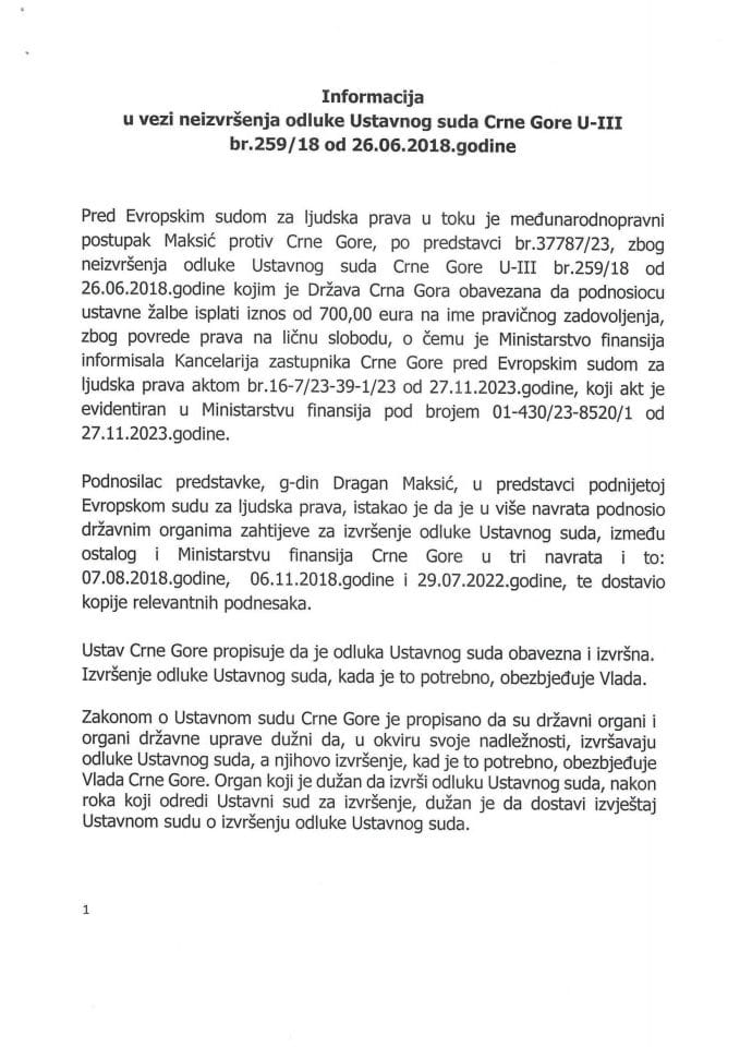 Информација у вези неизвршења одлуке Уставног суда Црне Горе У-III бр. 259/18 од 26. 06. 2018. године