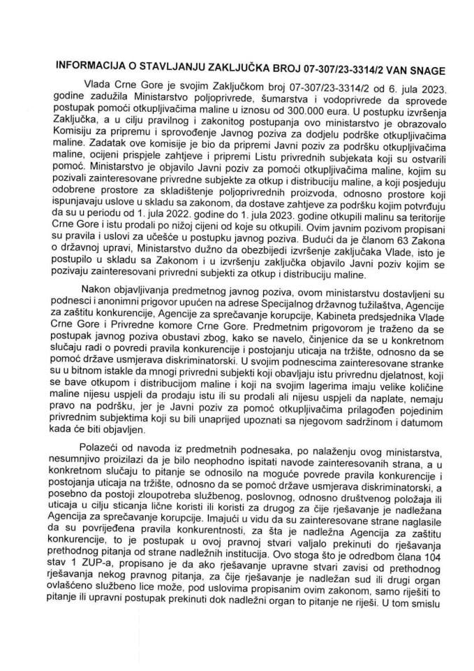 Информација о стављању ван снаге Закључка Владе Црне Горе, број: 07-307/23-3314/2, од 6. јула 2023. године