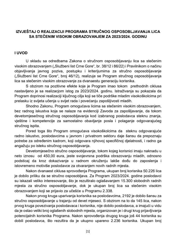 Извјештај о реализацији Програма стручног оспособљавања лица са стеченим високим образовањем за 2023/2024. годину