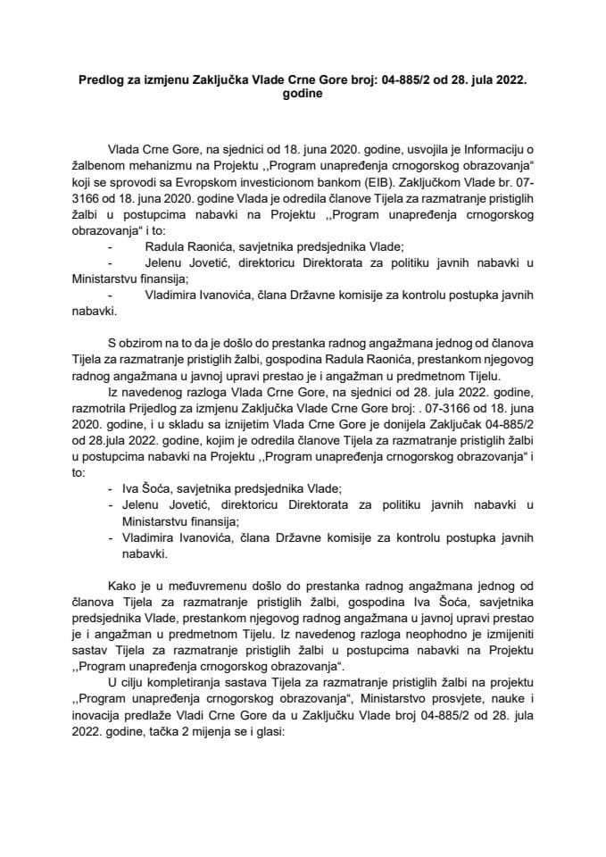 Предлог за измјену Закључка Владе Црне Горе, број: 04-885/2, од 28. јула 2022. године