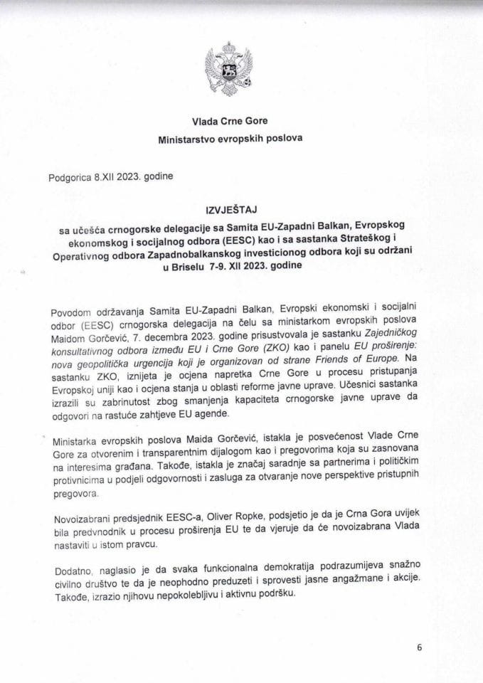 Извјештај са учешћа црногорске делегације са Самита ЕУ-Западни Балкан, Европског економског и социјалног одбора као и са састанка Стратешког и Опретивног одбора Западнобалканског инвестиционог одбора