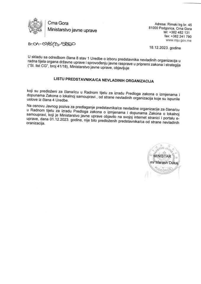 Lista predstavnika nevladinih organizacija - obavještenje