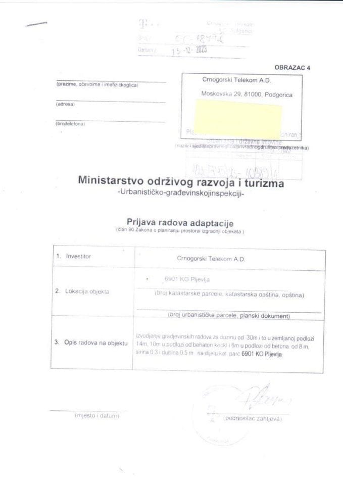 Prijava radova adaptacije - 121-745-23-10389-1 CRNOGORSKI TELEKOM A.D.