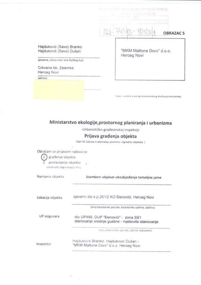 Prijava građenja objekta - 121-745-23-10420-1 HAJDUKOVIC BRANKO, HAJDUKOVIC DUŠAN I MKM MATTONE DORO DOO HERCEG NOVI