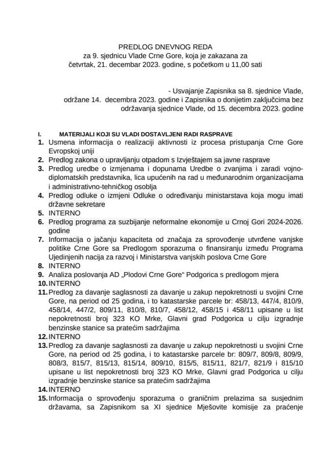 Predlog dnevnog reda za 9. sjednicu Vlade Crne Gore