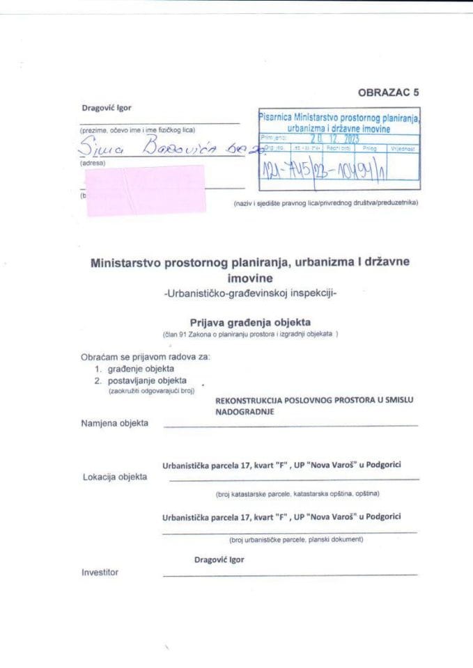 Prijava građenja objekta - 121-745-23-10494-1 DRAGOVIĆ IGOR
