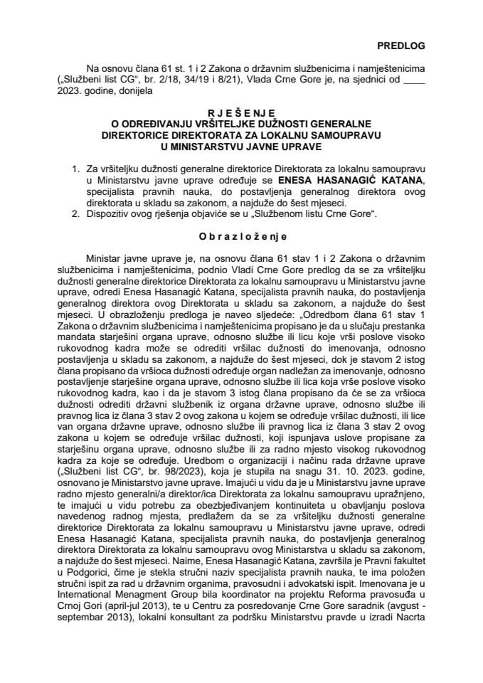 Predlog za određivanje vršiteljke dužnosti generalne direktorice Direktorata za lokalnu samoupravu u Ministarstvu javne uprave