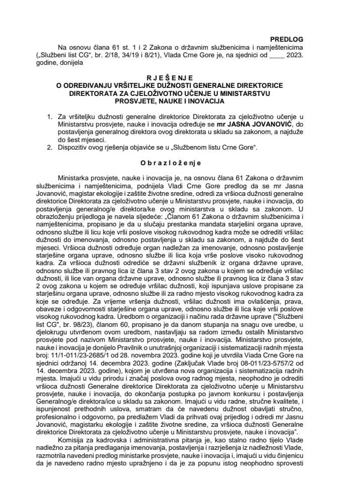 Predlog za određivanje vršiteljke dužnosti generalne direktorice Direktorata za cjeloživotno učenje u Ministarstvu prosvjete, nauke i inovacija